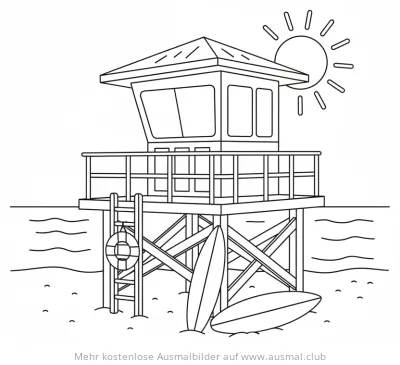 Rettungsturm mit Surfbrettern am Strand Ausmalbild