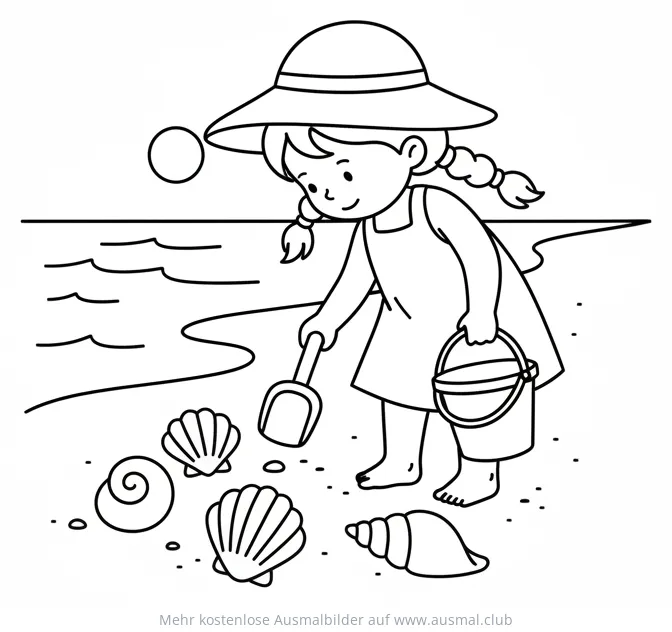 Mädchen sammelt Muscheln am Strand Ausmalbild