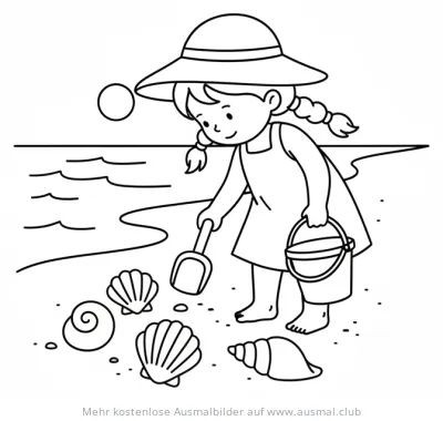 Mädchen sammelt Muscheln am Strand Ausmalbild