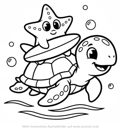 Seestern mit Surfbrett auf Schildkröte Ausmalbild