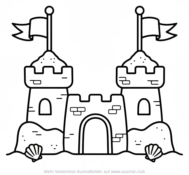 Sandburg mit Flaggen und Muscheln Ausmalbild