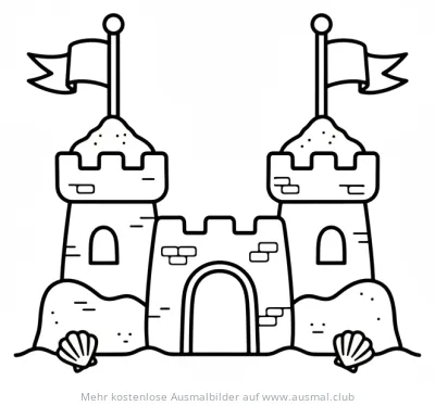 Sandburg mit Flaggen und Muscheln Ausmalbild