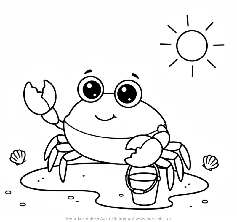 Freundlicher Krebs mit Eimer am Strand Ausmalbild