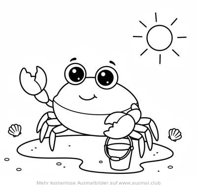 Freundlicher Krebs mit Eimer am Strand Ausmalbild