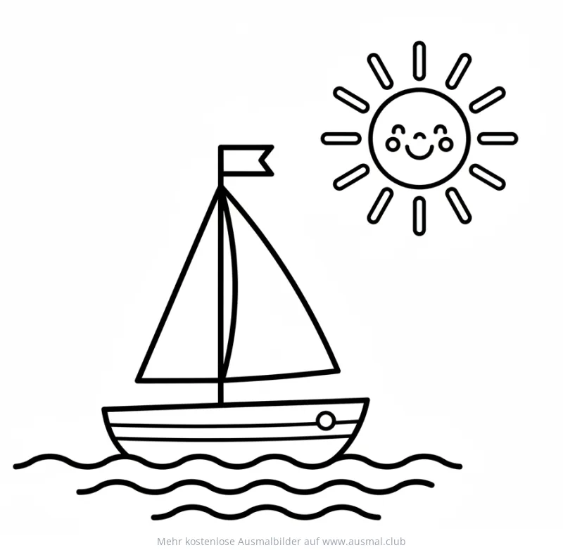 Segelboot Ausmalbild mit lächelnder Sonne