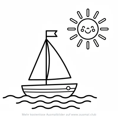 Segelboot Ausmalbild mit lächelnder Sonne