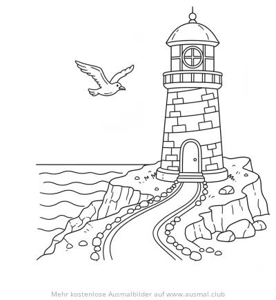 Leuchtturm mit Möwe auf Küste Ausmalbild