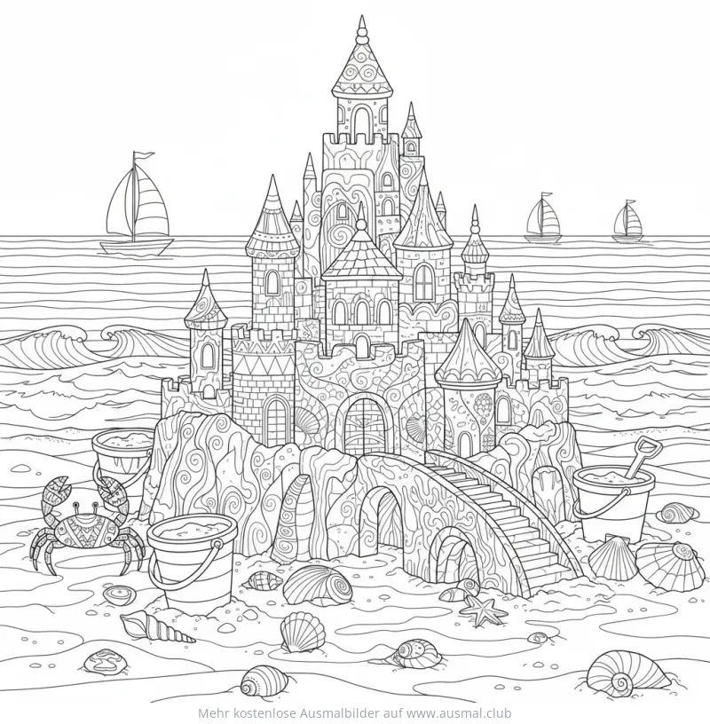 Sandburg am Strand Ausmalbild mit Krebs, Muscheln und Segelbooten