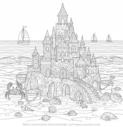 Sandburg am Strand Ausmalbild mit Krebs, Muscheln und Segelbooten