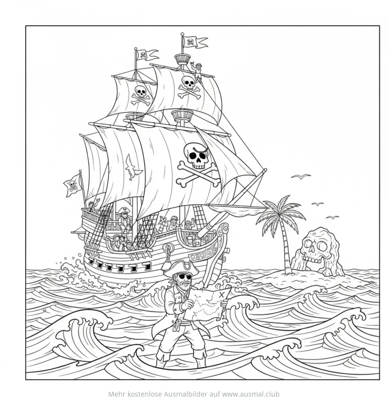 Piratenschiff mit Pirat Ausmalbild
