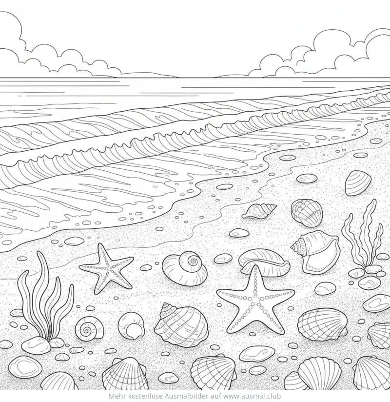 Strand Ausmalbild mit Muscheln und Seesternen