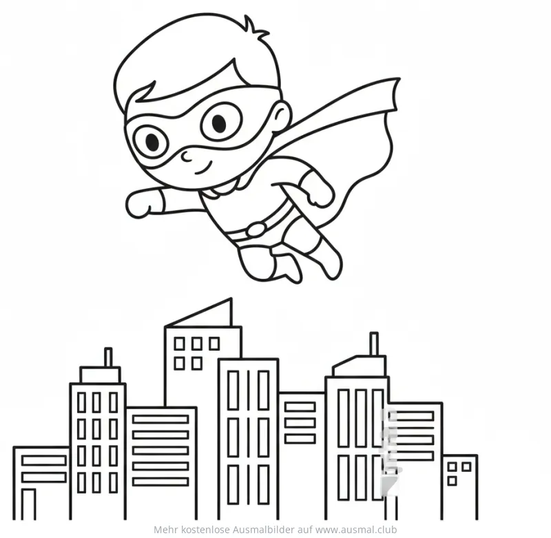 Fliegender Superheld über Stadt Ausmalbild