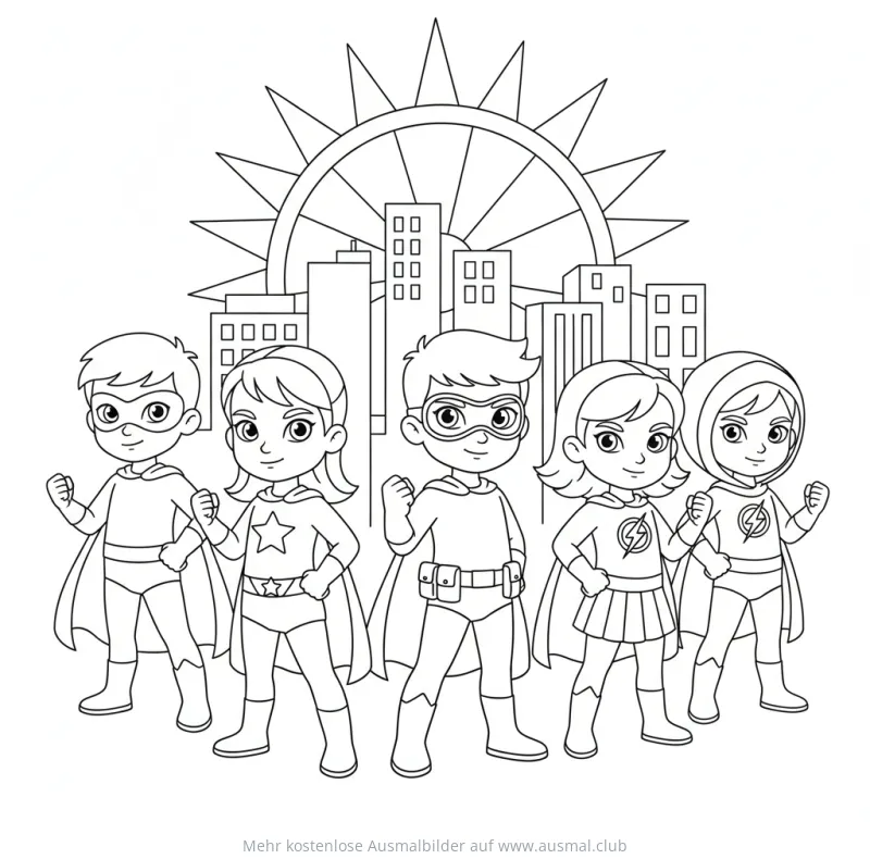Superhelden Team Ausmalbild vor Stadtkulisse