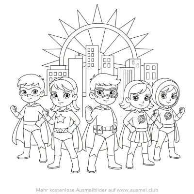 Superhelden Team Ausmalbild vor Stadtkulisse