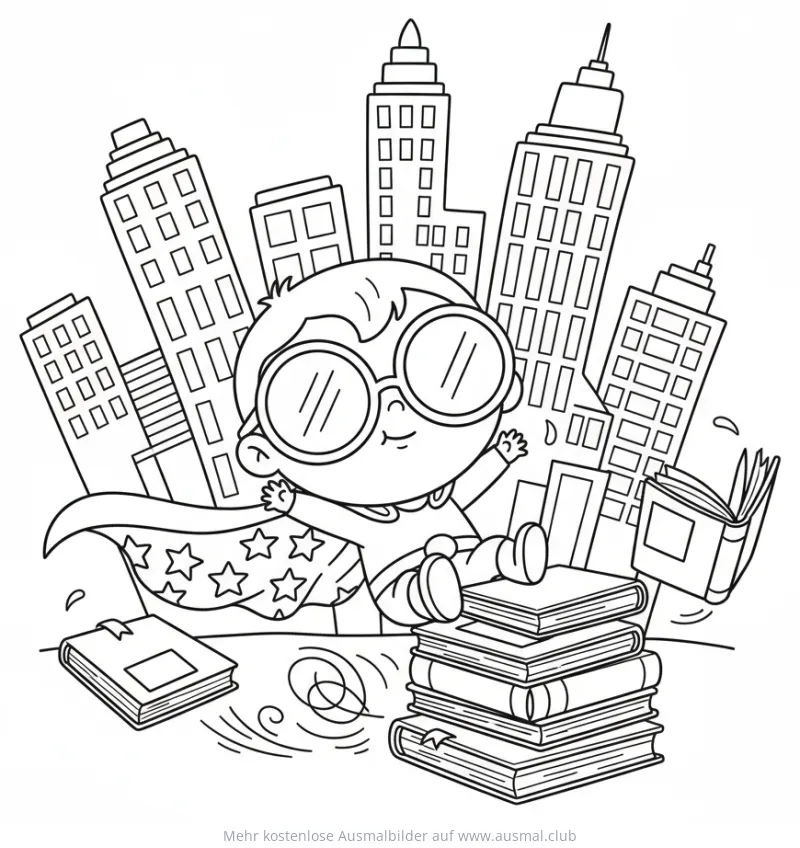 Tollpatsch Superheld mit Brille auf Bücherstapel Ausmalbild