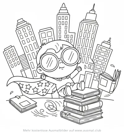 Tollpatsch Superheld mit Brille auf Bücherstapel Ausmalbild