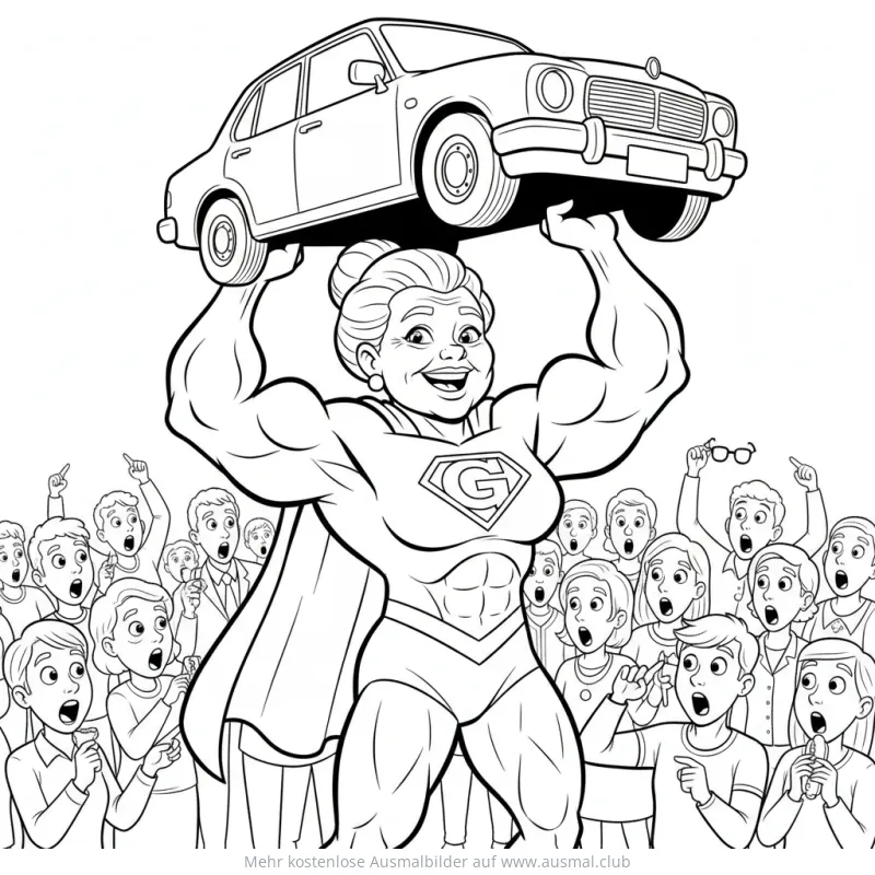 Superoma stemmt Auto Ausmalbild mit jubelnder Menschenmenge