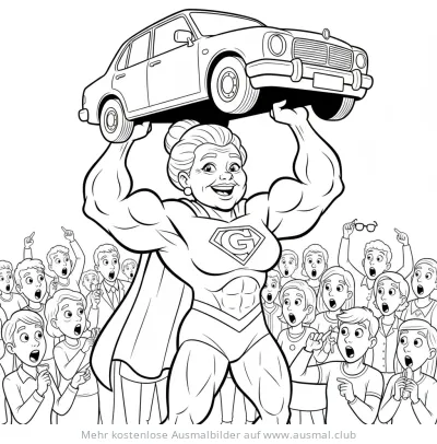 Superoma stemmt Auto Ausmalbild mit jubelnder Menschenmenge