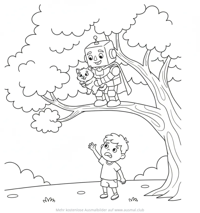 Roboter mit Katze auf Baum, Junge schaut hoch Ausmalbild