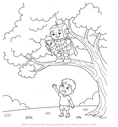 Roboter mit Katze auf Baum, Junge schaut hoch Ausmalbild