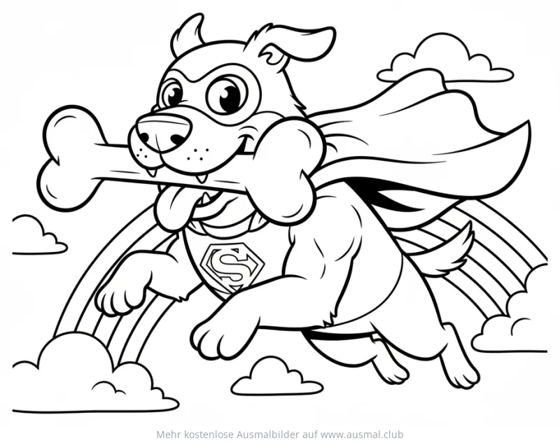 Superhund fliegt mit Knochen vor Regenbogen Ausmalbild