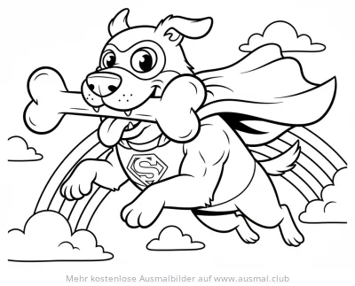 Superhund fliegt mit Knochen vor Regenbogen Ausmalbild