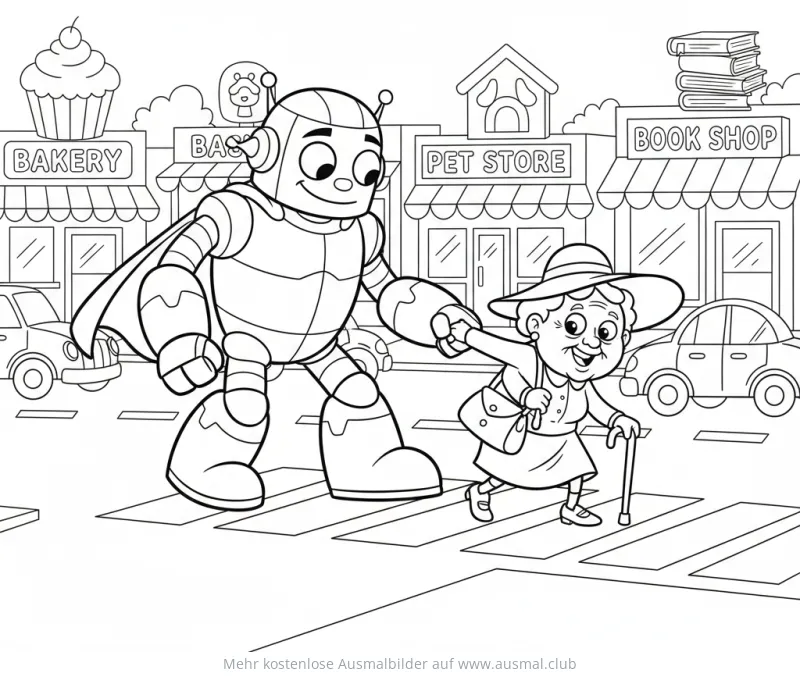 Roboter hilft älterer Dame beim Überqueren der Straße Ausmalbild