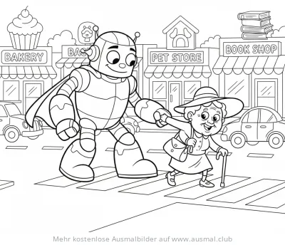 Roboter hilft älterer Dame beim Überqueren der Straße Ausmalbild