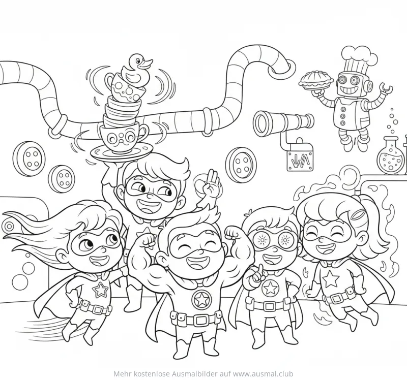 Superhelden Team in einem Labor Ausmalbild