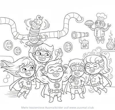 Superhelden Team in einem Labor Ausmalbild