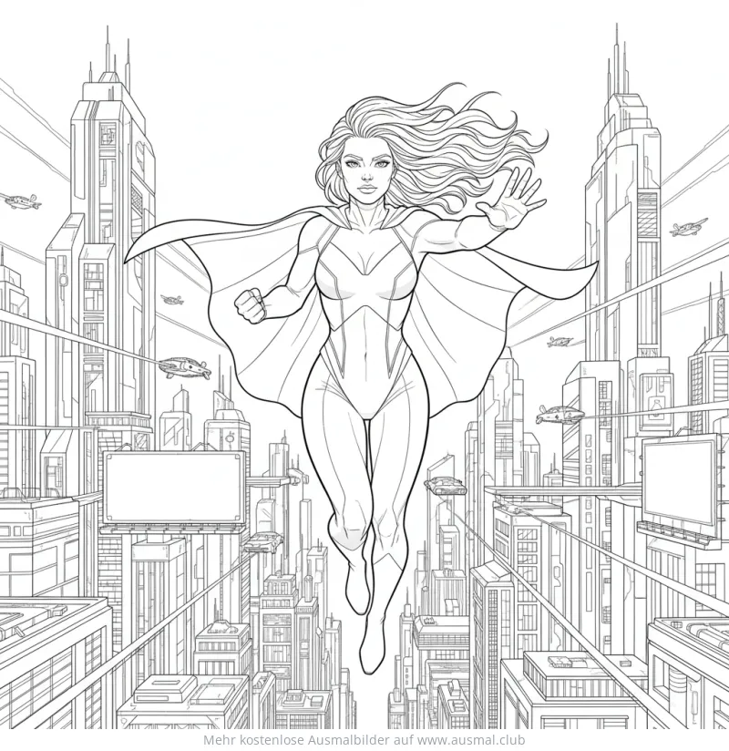 Superheldin fliegt über futuristische Stadt Ausmalbild