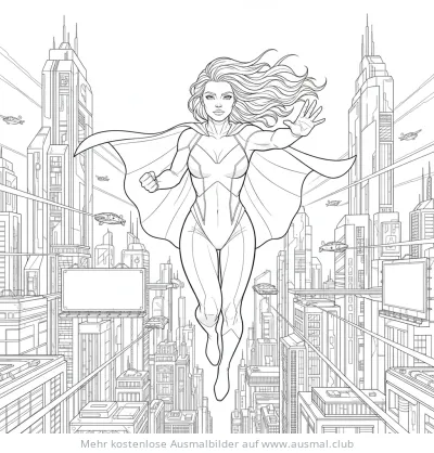 Superheldin fliegt über futuristische Stadt Ausmalbild