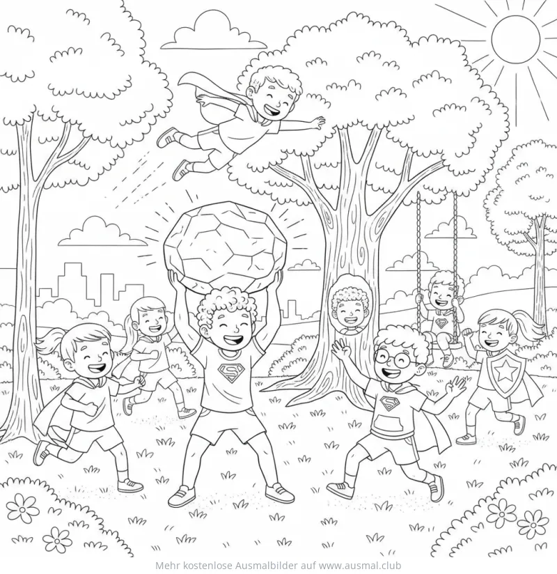 Superhelden spielende Kinder im Park Ausmalbild