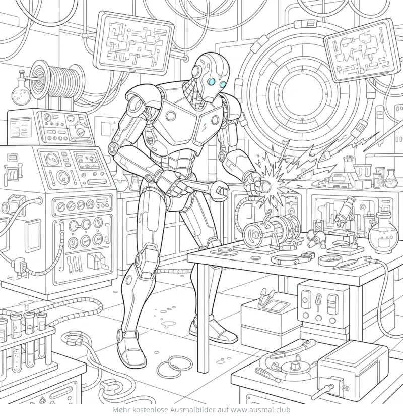Roboter repariert etwas an Werkstatttisch Ausmalbild