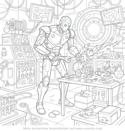 Roboter repariert etwas an Werkstatttisch Ausmalbild