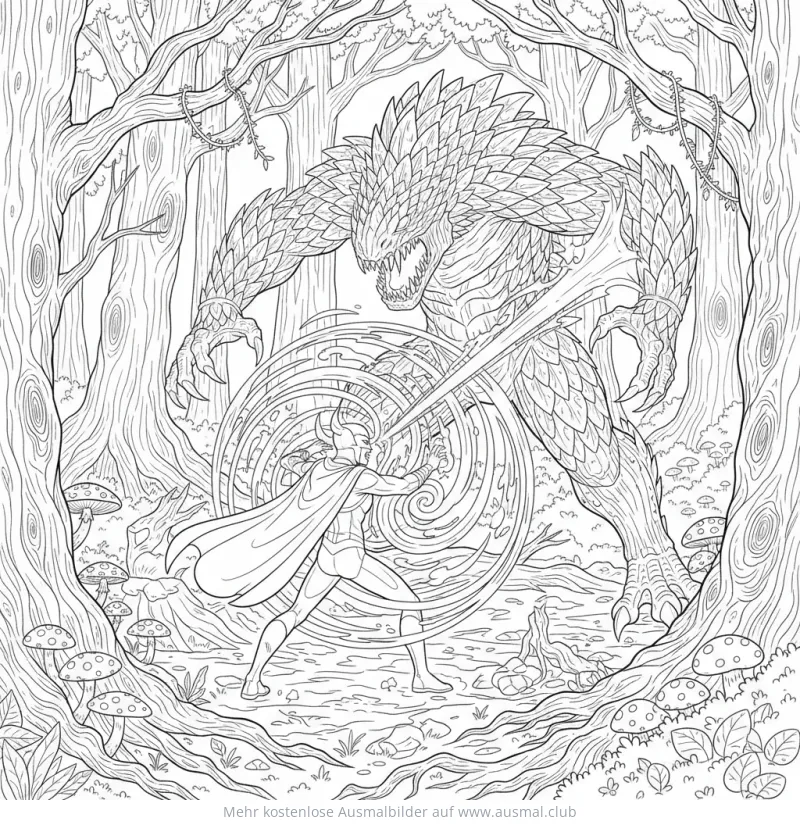 Superheld kämpft gegen Monster im Wald Ausmalbild