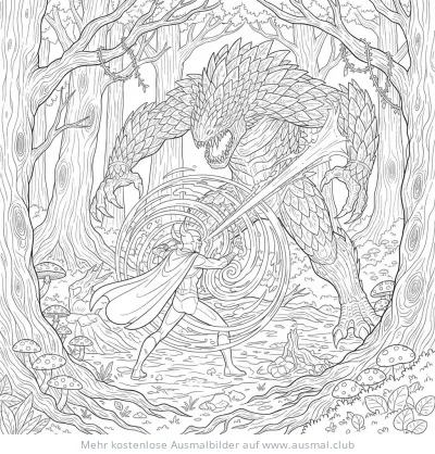 Superheld kämpft gegen Monster im Wald Ausmalbild