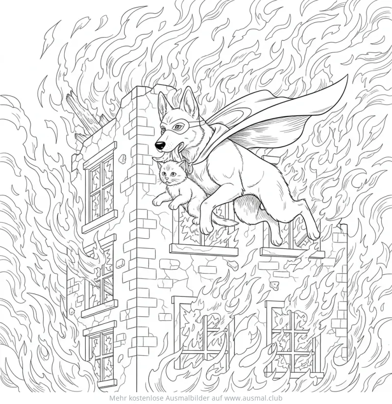 Superheld Hund rettet Katze aus brennendem Haus Ausmalbild