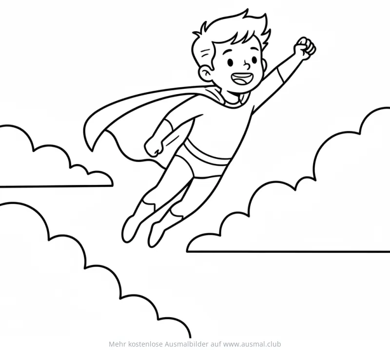 Fliegender Superheld mit Umhang zwischen Wolken Ausmalbild