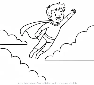 Fliegender Superheld mit Umhang zwischen Wolken Ausmalbild