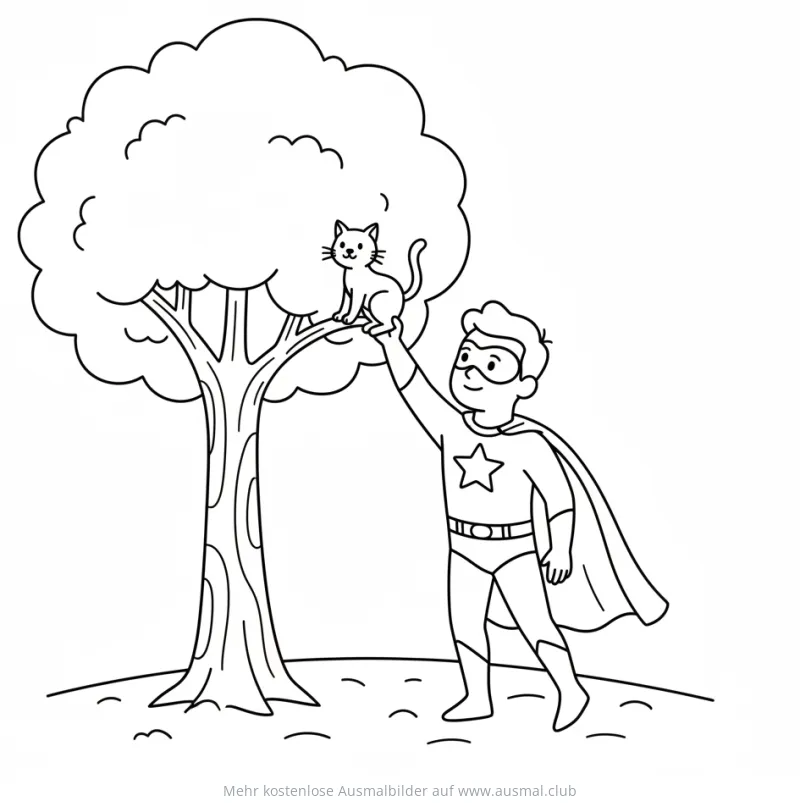 Superheld rettet Katze aus Baum Ausmalbild