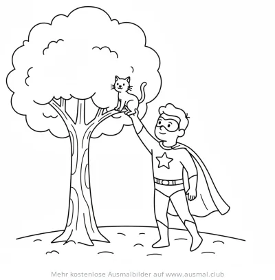 Superheld rettet Katze aus Baum Ausmalbild