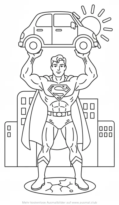 Superheld hebt Auto über Kopf Ausmalbild