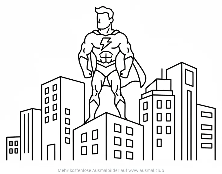 Superheld steht auf Dach eines Wolkenkratzers Ausmalbild