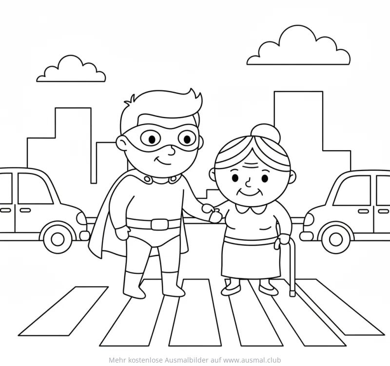 Superheld hilft älterer Dame Ausmalbild