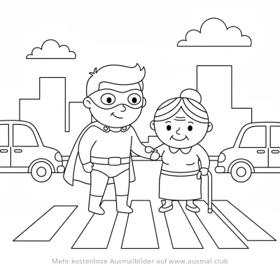 Superheld hilft älterer Dame Ausmalbild