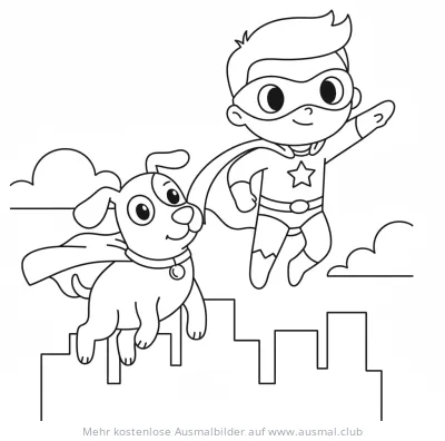 Superheld und Superhund fliegen über die Stadt Ausmalbild