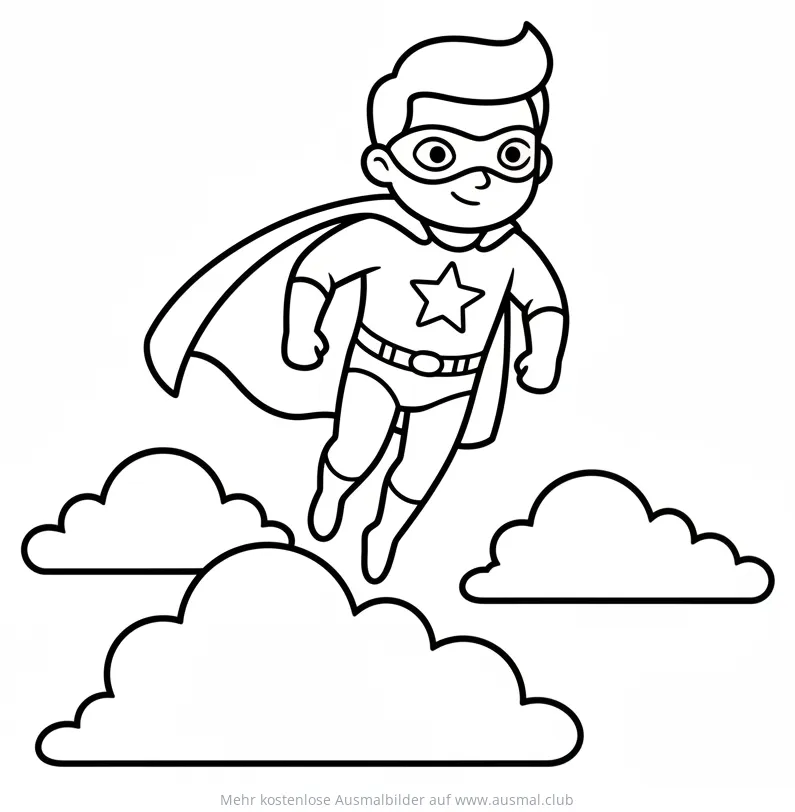 Superheld fliegt durch Wolken Ausmalbild