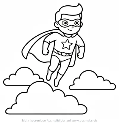 Superheld fliegt durch Wolken Ausmalbild