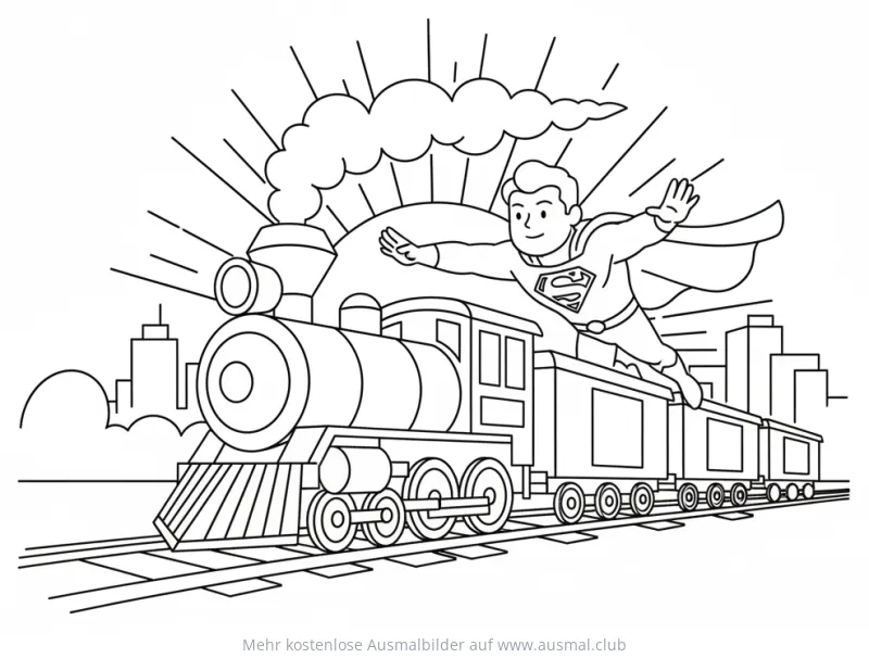 Superheld fliegt über Zug Ausmalbild